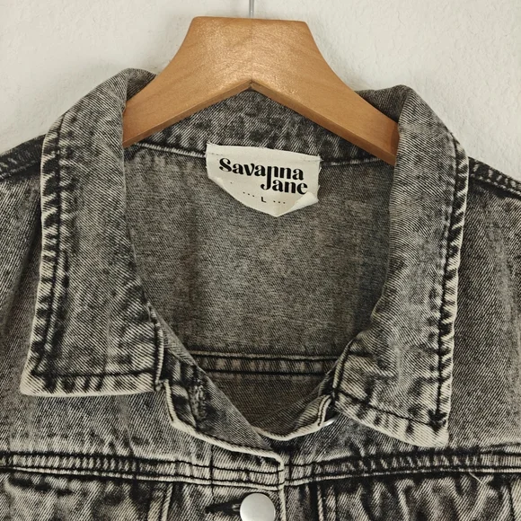 Savanna Jane Nwot Puff Sleeve Denim Cropped Jacket In Black Acid Wash Size LG - Picture 7 of 12